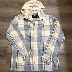 Hollister Blue and Cream Plaid Hooded Shirt